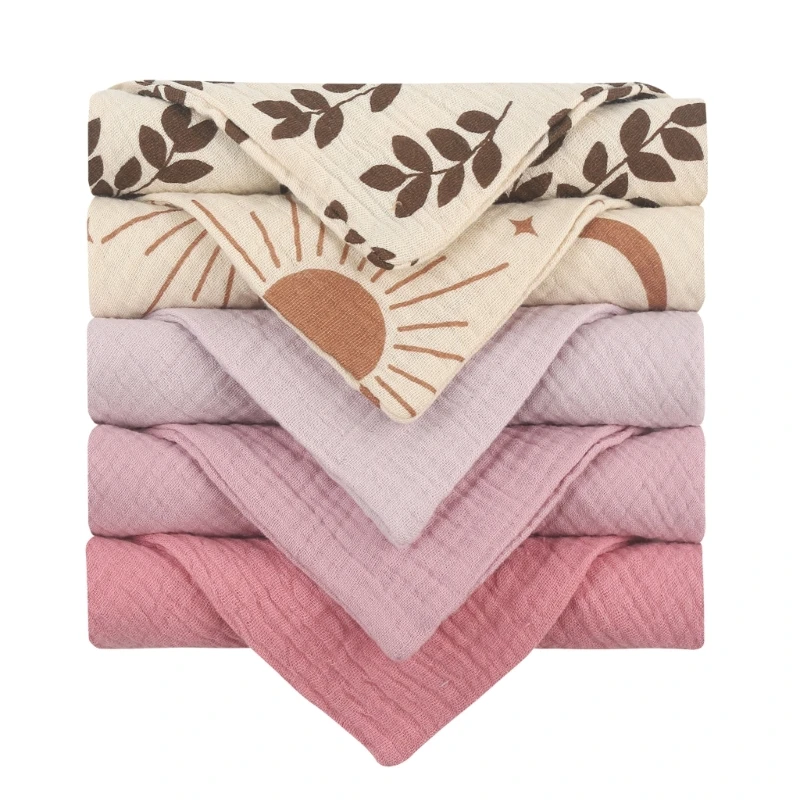 Q0KB Infant Wash Cloths Square Face Towel Baby Feeding Bibs Cotton Muslin-Handkerchief Skin Friendly Nursing Burp Cloth 5PCS