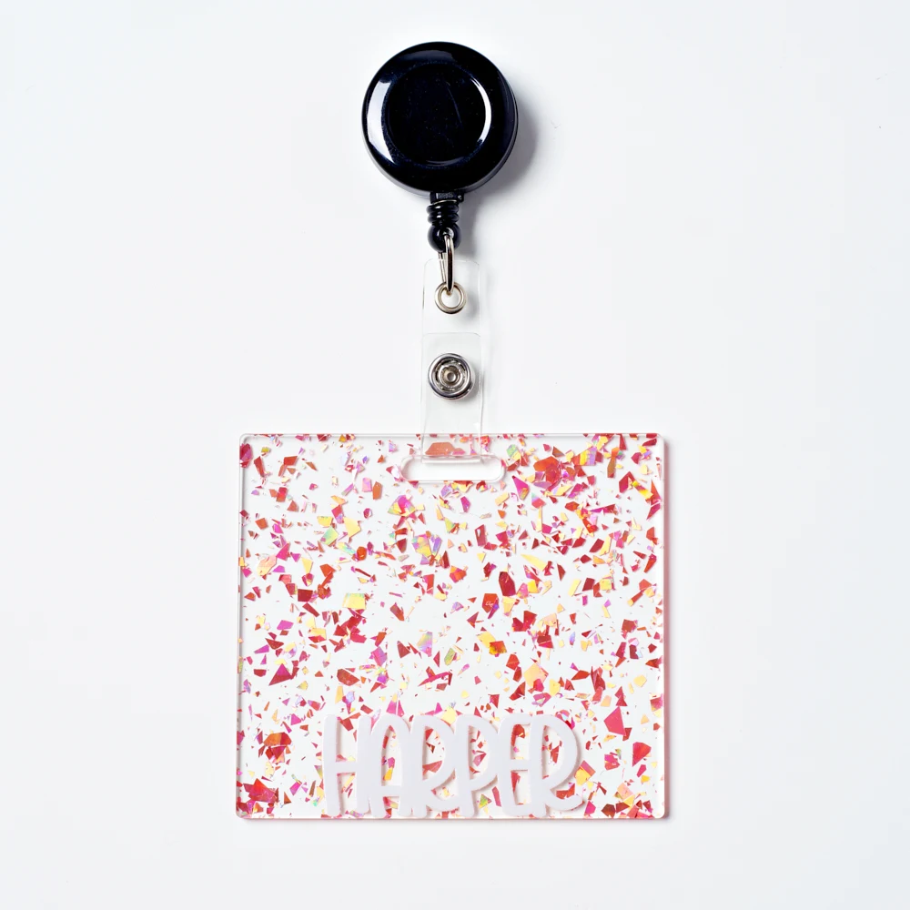 Personalized Custom Glitter Acrylic Badge Reel Card Holder Custom Name Text Square ID Name Tag Retractable Nurse Teacher Office view 6