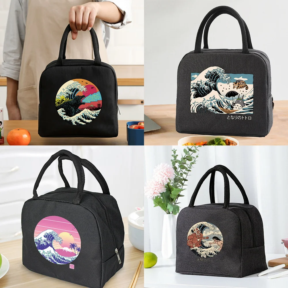 Insulated Lunch Bag  Zipper Cooler Tote Thermal Bag Lunch Box  Canvas Food Picnic Lunch Bags for Work Handbag Wave Pattern