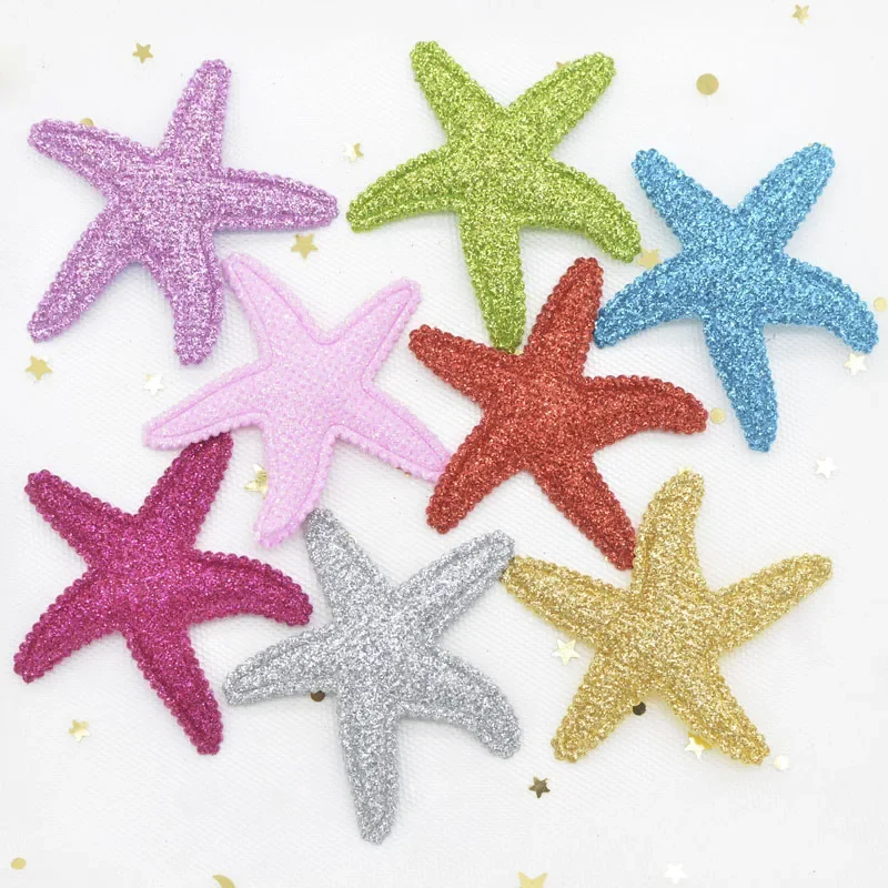 16Pcs 60*50mm Shiny Powder Glitter Fabric Padded Starfish Applique Headwear Hair Clips Patches Kids Birthday Crafts Ornament