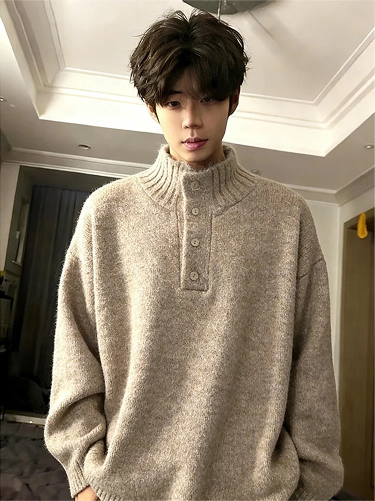 

Мужской свитер цвета хаки с высоким воротником, зимний, утепленный, вязаный, свободный, модный, в корейском стиле, повседневный, с длинными рукавами