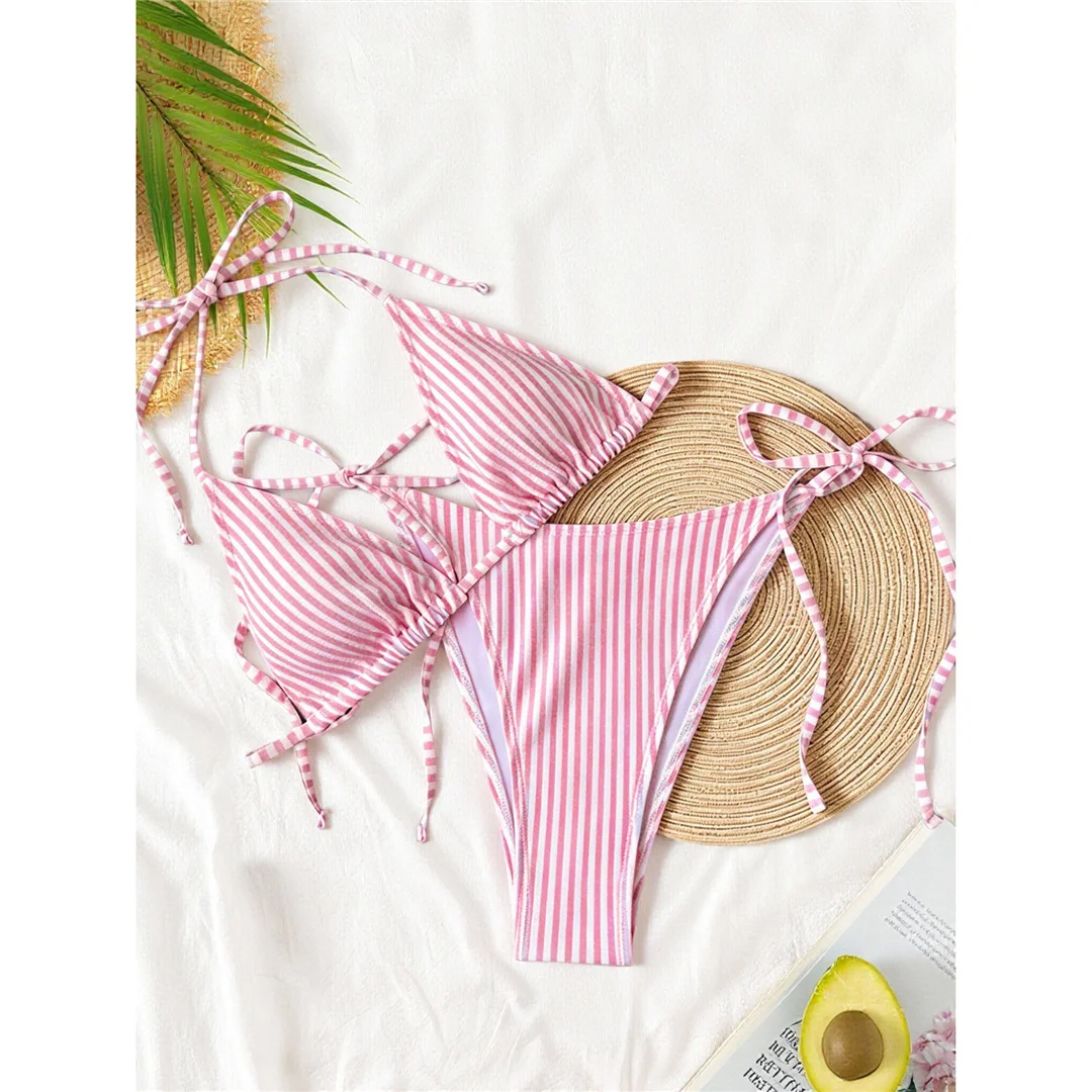 S - XL Gestreifter Neckholder-Bikini, Damen-Badeanzug, zweiteiliges Bikini-Set, hoch geschnittene Beine, Badebekleidung, Badeanzug, Schwimmbekleidung V8527 – Detail 29