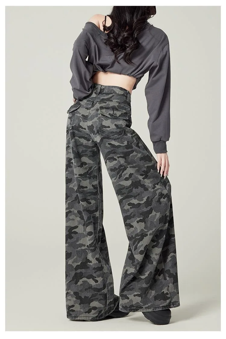 Y2K Übergröße Damen Graue Camouflage Cargo Jeans 2026 Frühling Herbst Hochgeschnittene Weite Hose Streetwear – Detail 8