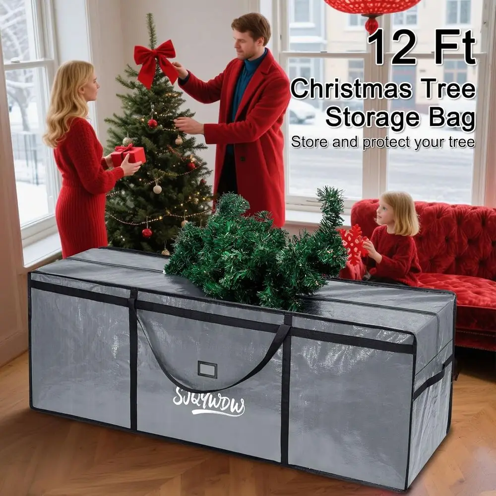 Heavy-Duty 12ft Christmas Tree Storage Bag with Zippered Mesh Pockets and Reinforced Handles (Grey)