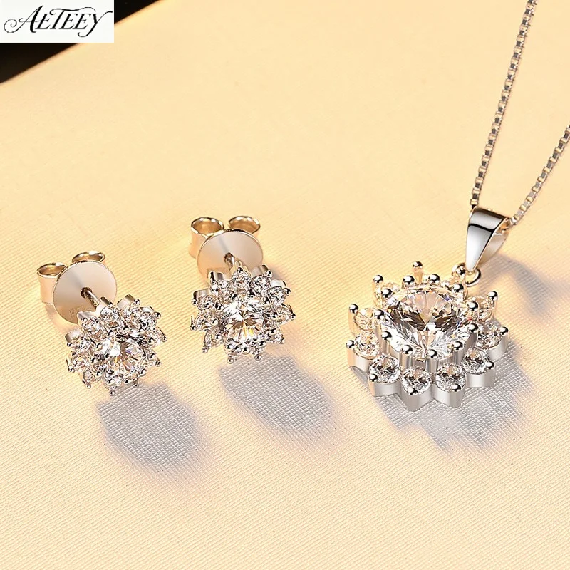 AETEEY S925 Silver Sunflower Moissanite Jewelry Set Women Necklace Earrings Ring Light Luxury Matching Accessorie
