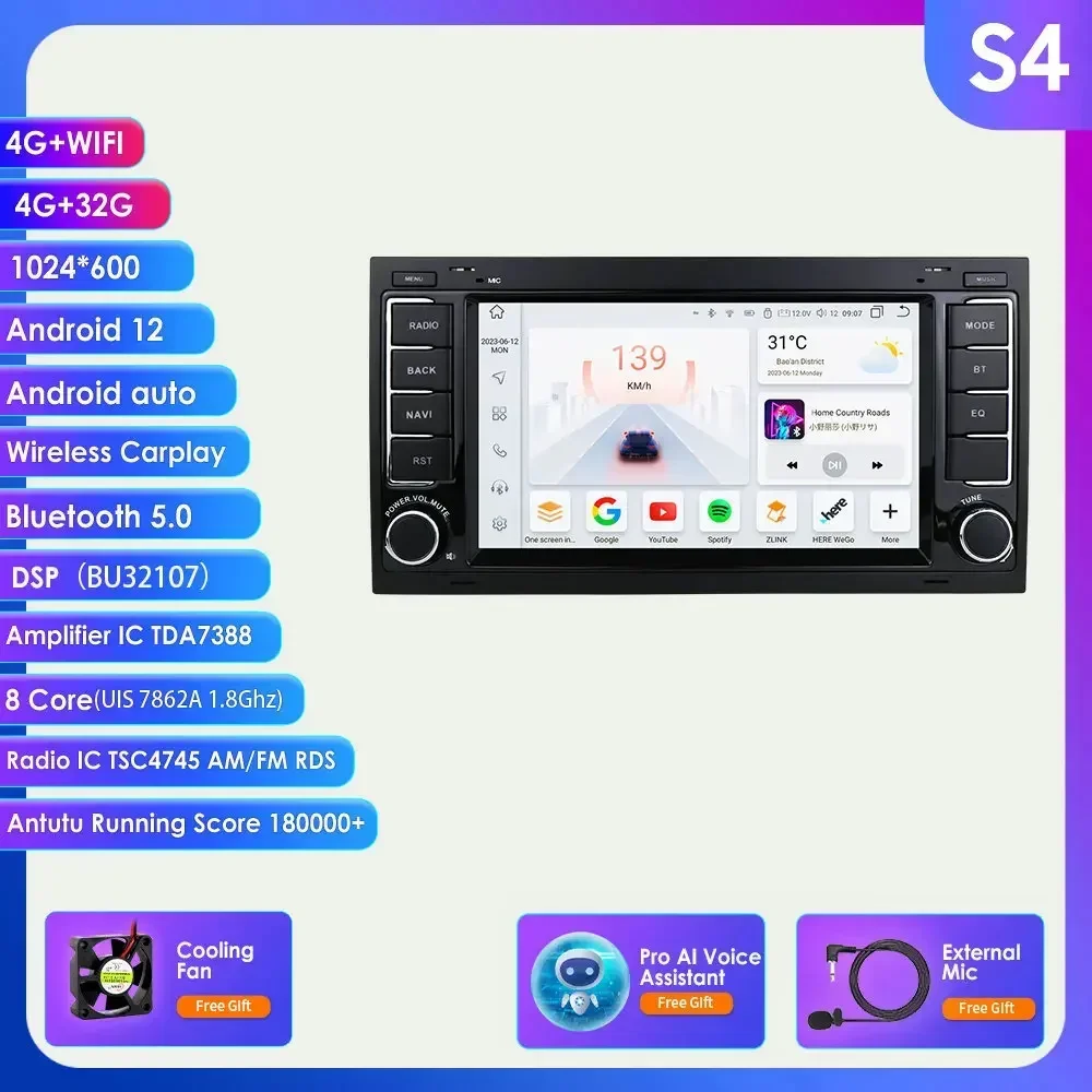 Carplay 4G-LTE 7 ''2Din Android 14 Autoradio GPS voor VW Volkswagen Touareg Transporter T5 Multivan Naviagtion speler Audio WIFI