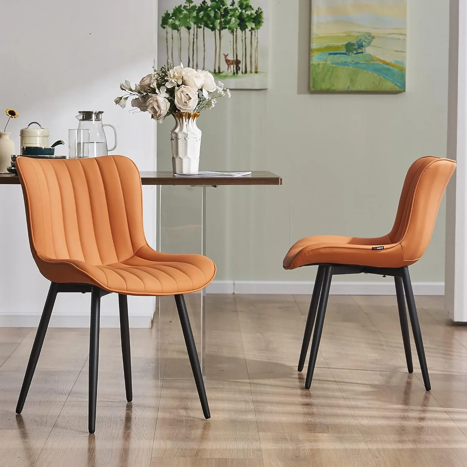 

Dining Chairs Set of 2 Upholstered Mid Century Modern Kitchen Chairs Faux Leather Side Chair with Back