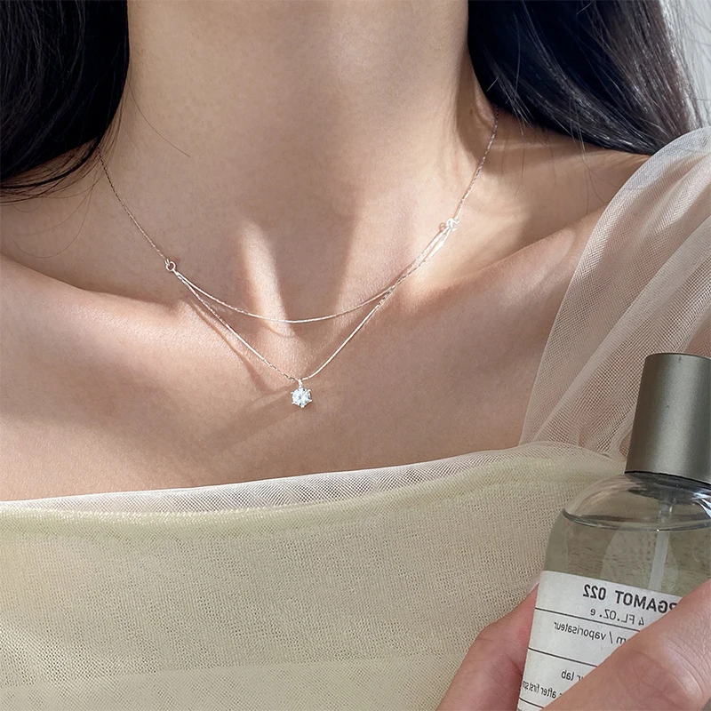 925 Sterling Silver Four Claw Zircon Pendant Necklace For Women Exquisite Double Layered Collarbone Chain Elegant Jewelry