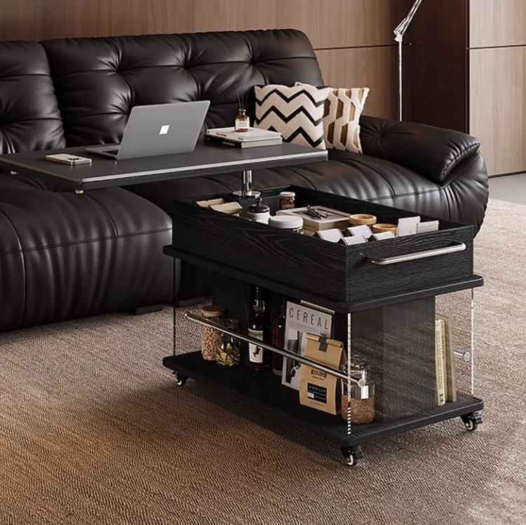 Adjustable Height Luxury Coffee Side Table, Mobile Storage Cart for Living Room Sofa