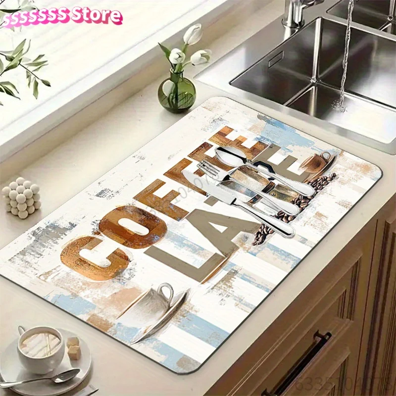 Distressed Art Quick-Dry Non-Slip Coffee Mat - Absorbent Countertop Protector with Coffee Utensil Elements, Compatible with Vint