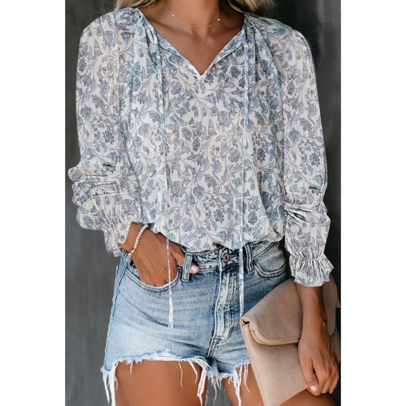 Fashion Flower Print V Neck Lace Up For Women Elegant Blouses Casual Streetwear Loose Shirts Long Sleeve Office Lady Tops Autumn
