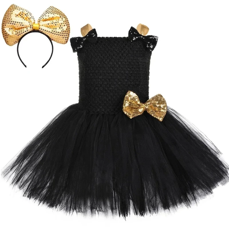 Glam Golden-black Cartoon Character Ball Gown, Crafted for Toddler Birthday Parties and All Halloween Doll Role Play Occasions