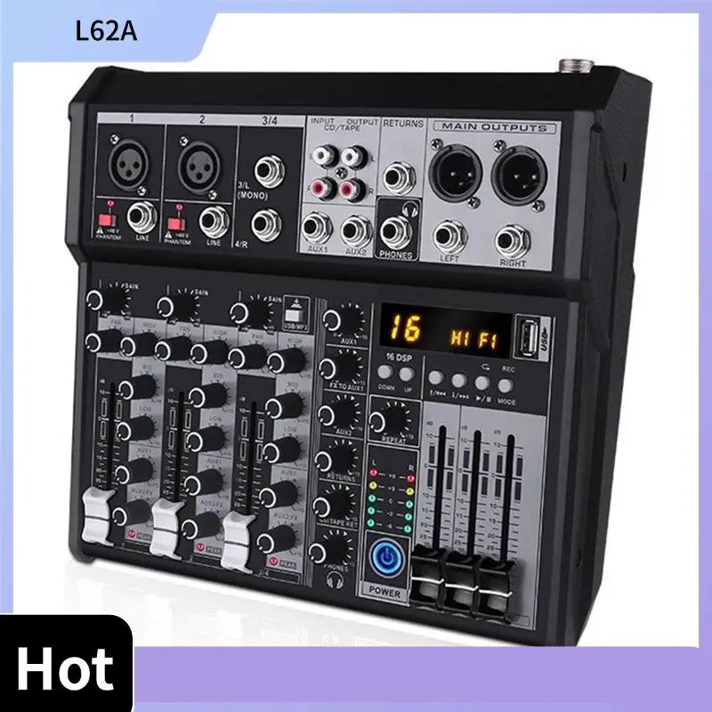

L62A 4 Channel Bluetooth Audio Mixer Sound Mixing Console Audio Interface USB Sound Card For Studio Stage DJ Home
