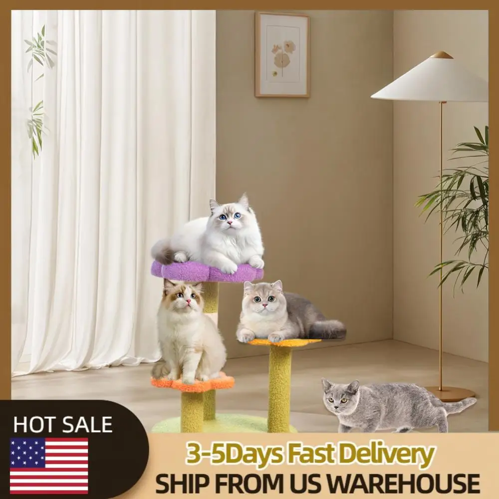 

Башня с цветочным кошачьим деревом, маленькая башня для кошек, интерактивная башня с сизалевой оберткой, многофункциональная 3-слойная для игр и релаксации