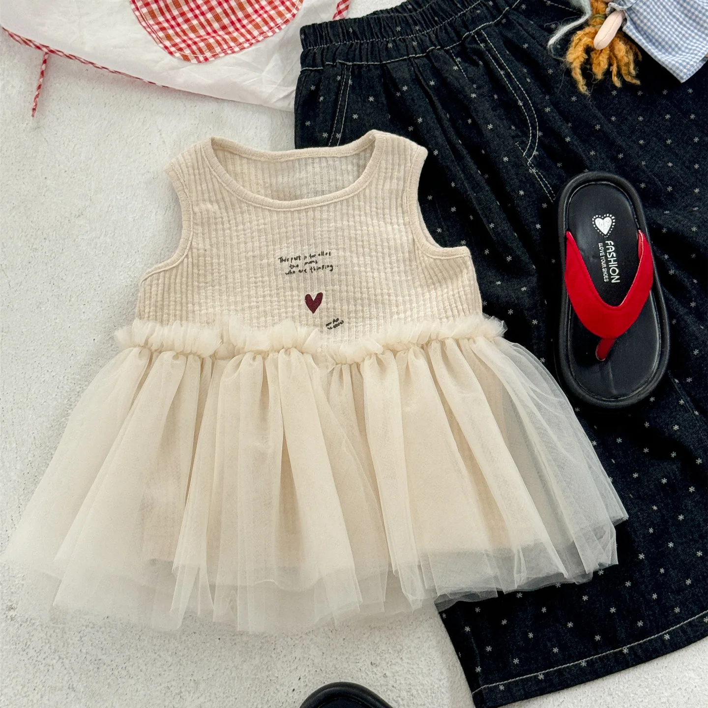 Girls T-shirt 2026 Spring and Summer New Children's Clothing Korean Style Girl Baby Soft Foreign Style Stitching Mesh Print Vest