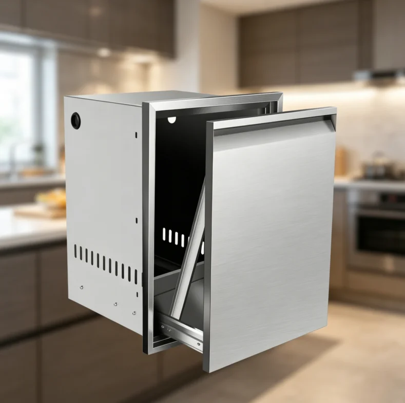 17W×23H Handle-Free Stainless Steel Trash Cabinet, Seamless Structure, Corrosion & Temperature Resistant, Durable