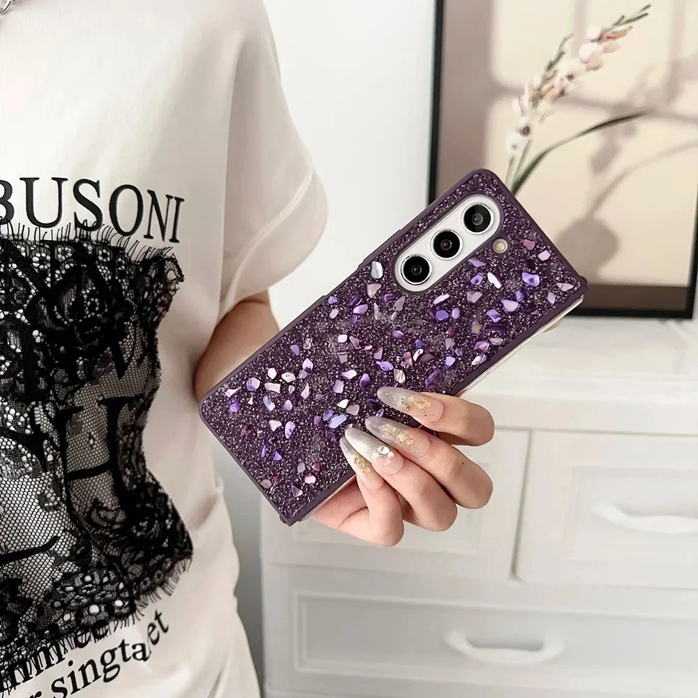 Phone Case For Samsung Galaxy Z Fold 6 5 4 3 5G Rhinestone Glitter Sequins Trim Soft TPU Frame Shockproof Back Cover