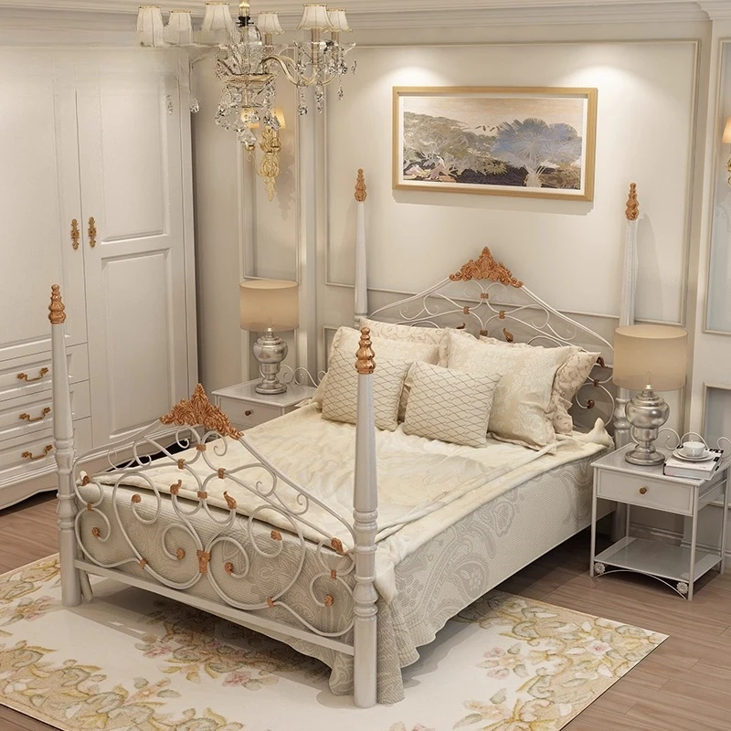

European retro wrought iron double bed princess bed Modern simple small apartment rental room Iron frame bed Apartment bed home