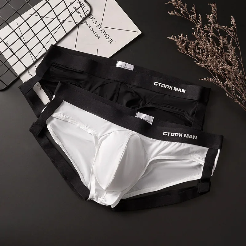 Mid Waist Bandage Strap Sexy Briefs Ice Silk Mens Thin Big U Penis Pouch Panties Underwear Hollow Breathable Underpants Homme