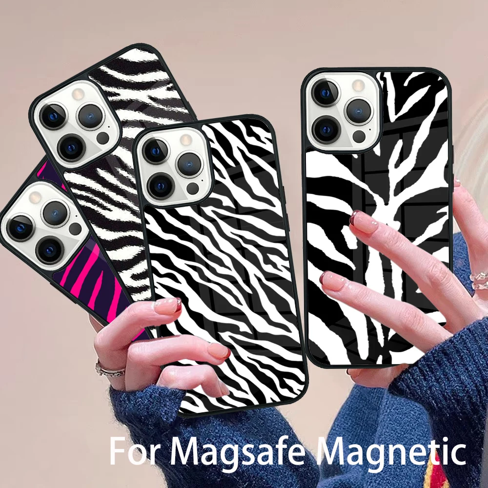 

Zebra Skin Phone Case Magesafe Magnetic Wireless Charge Cover For IPhone 16 11 12 13 14 15 Pro Max Plus Mini