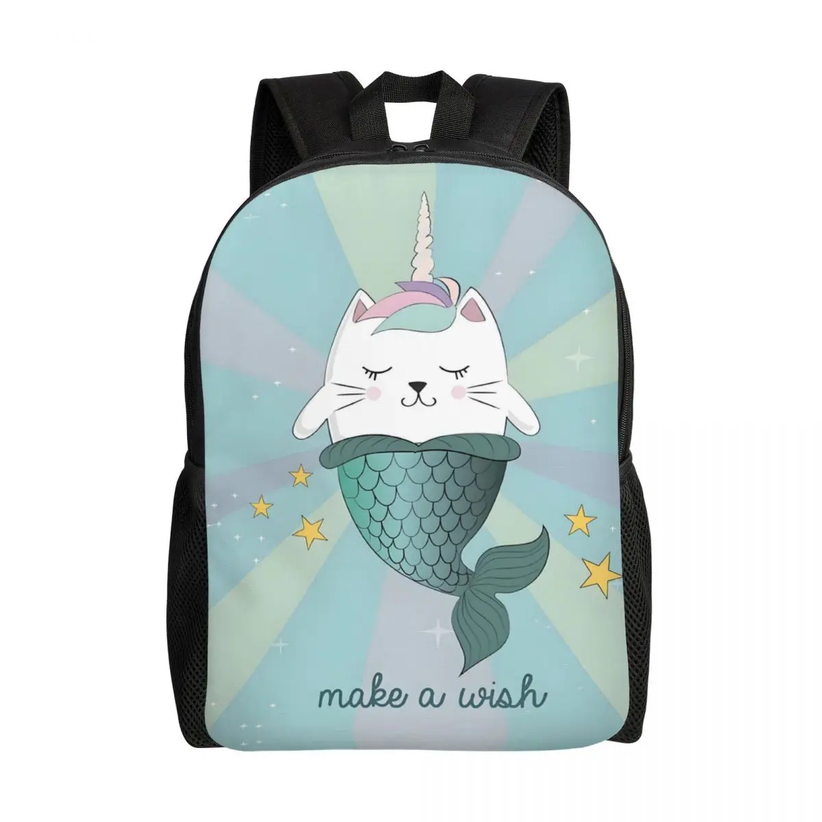 Personalized Cute Unicorn Mermaid Cat Panel Blue Backpacks Men Women Casual Bookbag for School College Bags