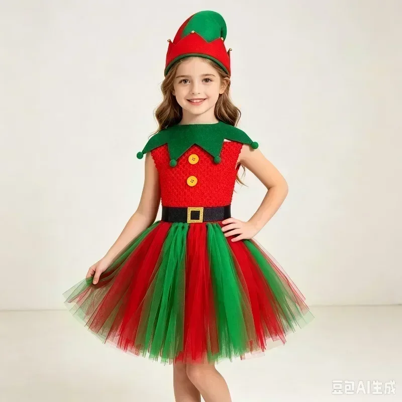 Girls Christmas Tutu Dress Kids Red Green Tulle Dress Children Party Stage Performance Fancy Costume for Holiday Cosplay