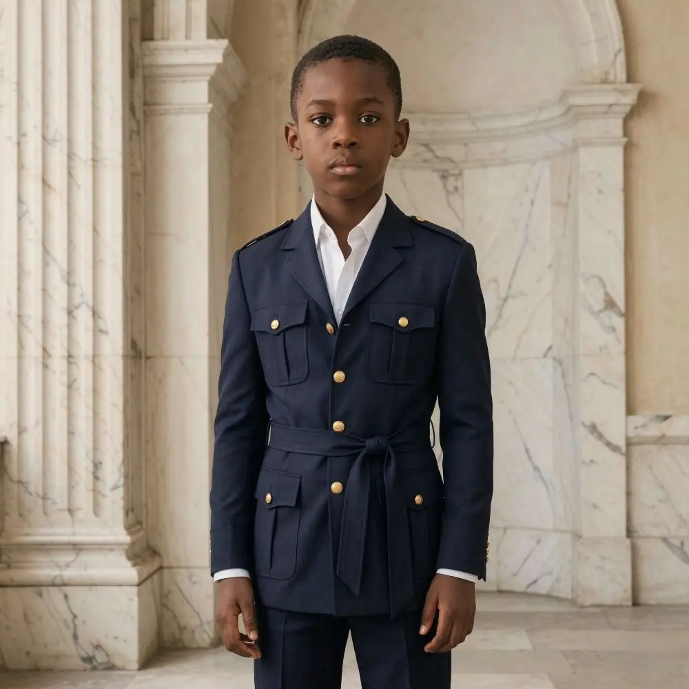 Linen Safari Boy Suits for Outdoor 2 Pieces Wedding Kid Suit with Gold Buttons Draped Tie Belt for Ceremonies Birthday Parties