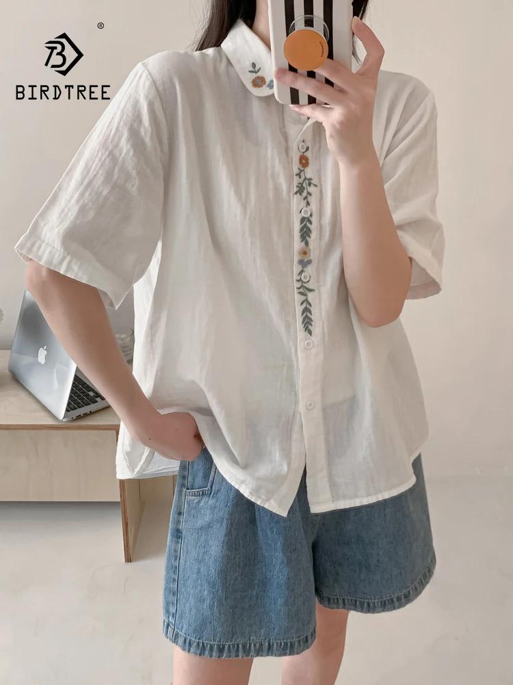 Neue Sommer-Damenbluse 2026 aus Baumwollgarn mit Kurzarm, Umlegekragen und Stickerei, Mori Girl Prairie Chic Loose Bluse T65793CC