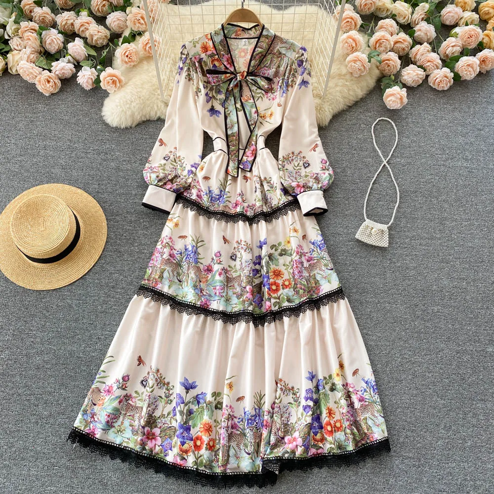 Ele Floral Print Long Dr with Belt And Bow High Waist Slimming Lace Trim V Ne a Line Skirt for Commuting Spring 