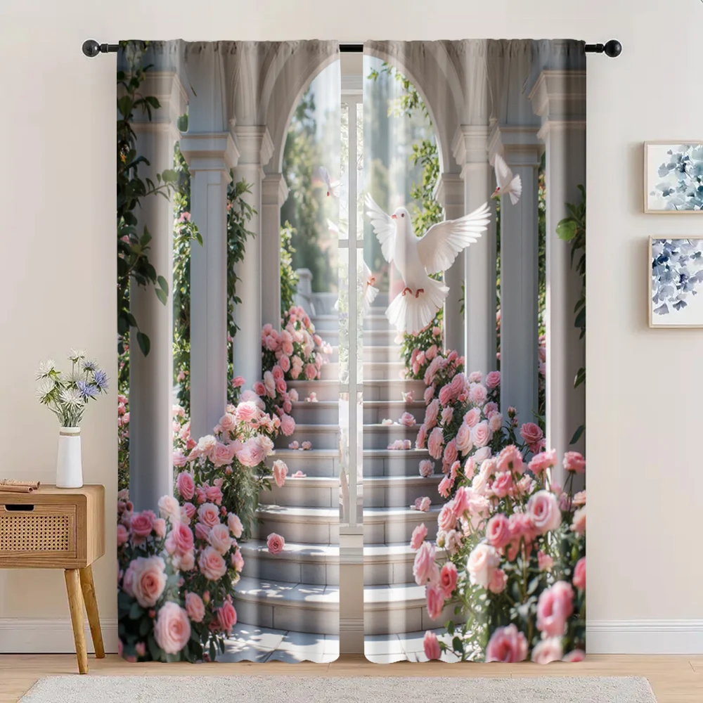 2pc,  Window Drapes Elegant pink rose and dove design Versatile Durable Polyester,Without Electricity Versatile for Holiday