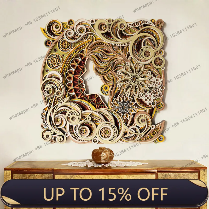 LJY Stepped Wood Stacked Carving, Vintage-style Entryway Living Room Decorative Painting, Light Luxury and Sophistication