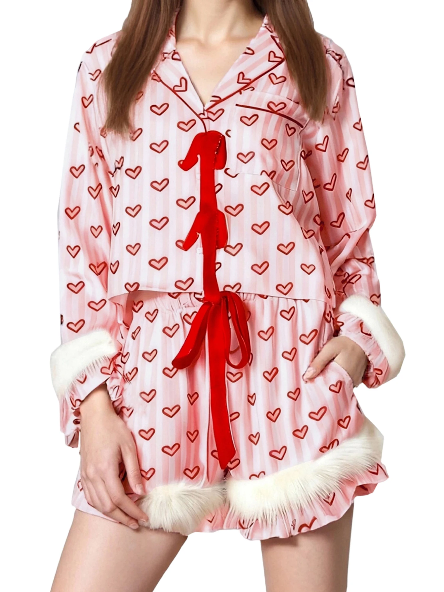 Women s Pajamas Set Love Heart Print Furry Trim Bow Tie Front Lapel V Neck Long Sleeve Tops with Shorts Lounge Wear 2 Pcs Set