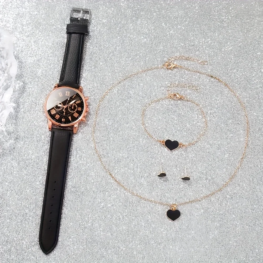 Women's Fashion Quartz Watch Set with Heart Shaped Jewelry Set - A Stylish and Simple Gift for Her