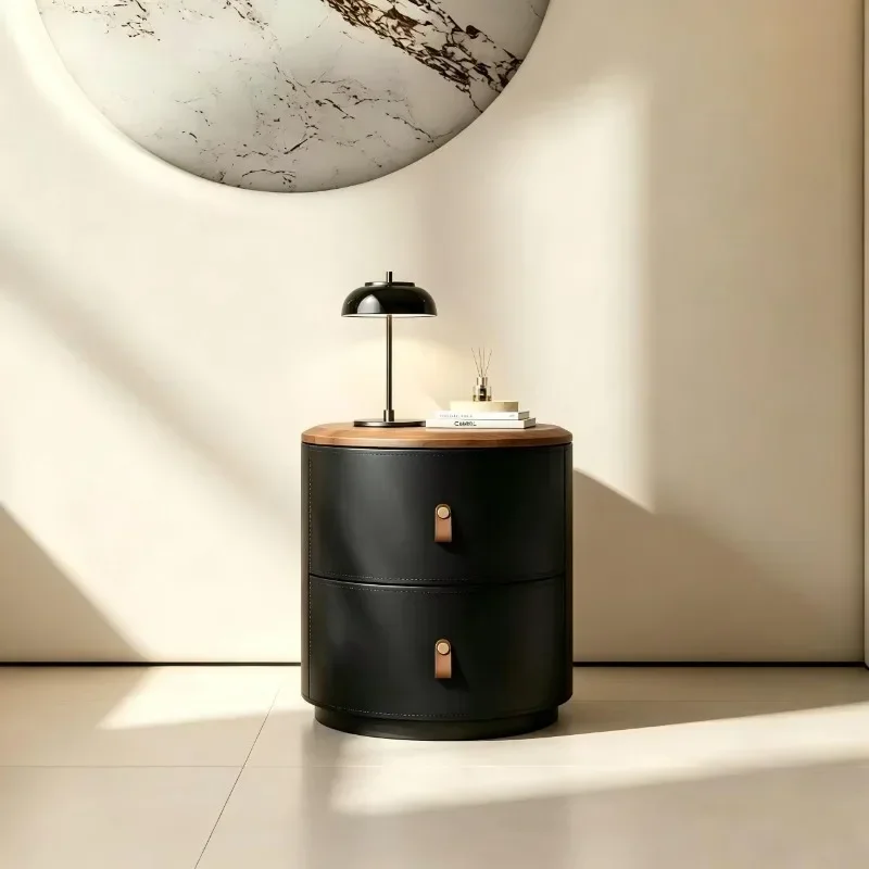 Italian Minimalist Round Nightstand Leather Wrapped Body Curved Anti-Collision Edge Bedroom Sofa Side Accent Storage Cabinet