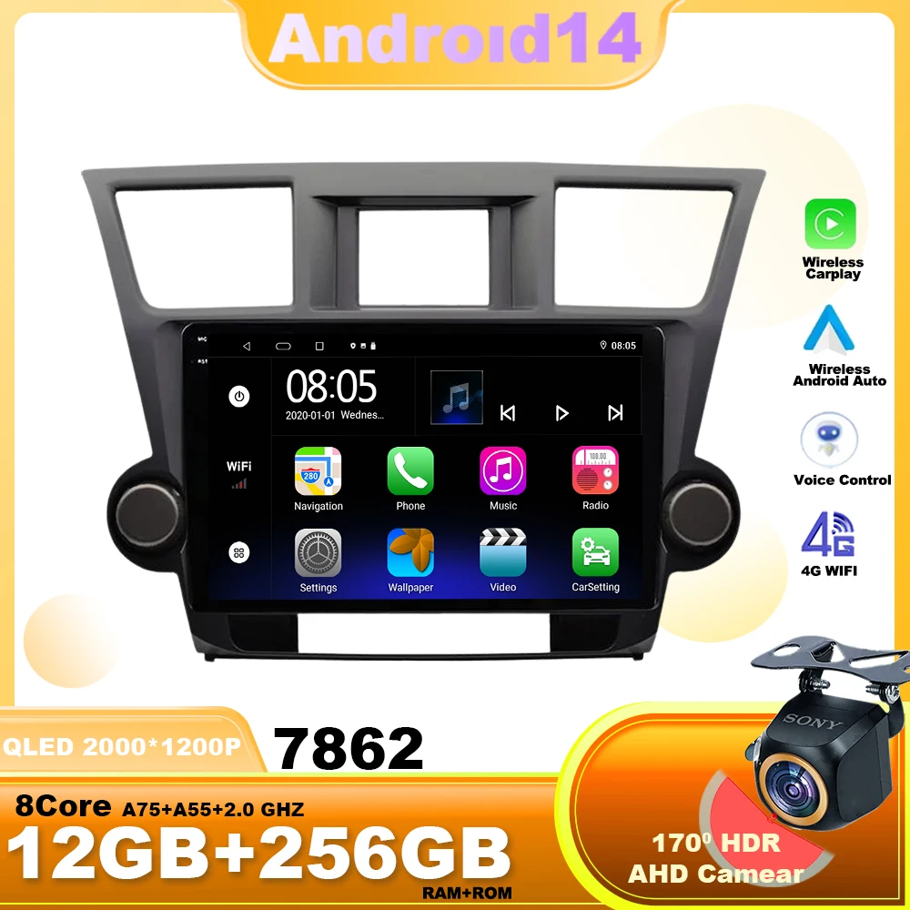 Android14 For Toyota HIGHLANDER 2 2007-2013 Car Radio Multimedia Video Player Wireless pantalla carplay auto GPS WIFI 4G