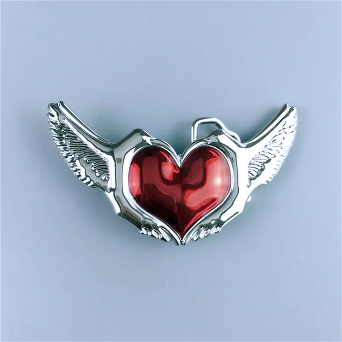 Bright Silver Red Enamel Love Heart Wings Belt Buckle BUCKLE-T028