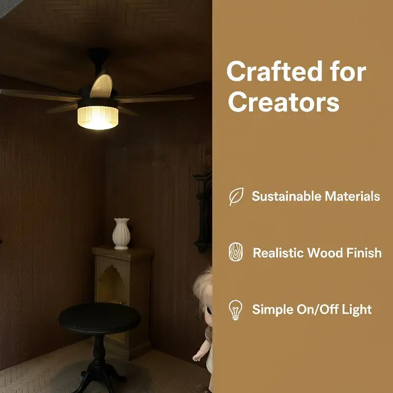 1/12 Dollhouse Retro Mini Ceiling Fan with LED Light Decor Ornament Ideal for DIY Dollhouse Indoor Scene Decor