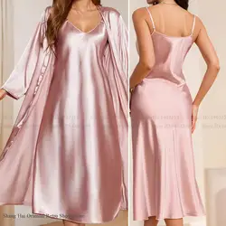 Female Long Twinset Robe Set Nightgown Sexy Pink Ice Silk Bride Wedding Robe Dressing Loose Bathrobe Home Clothes Lounge Wear