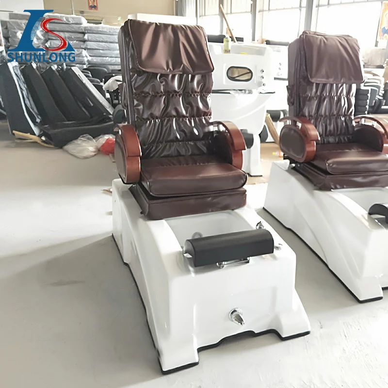 Brown PU Pedicure Spa Chair with White Fiberglass Foot Tub, Electric Reclining Foot Massage Chair, Wooden Armrest Nail Salon Bea
