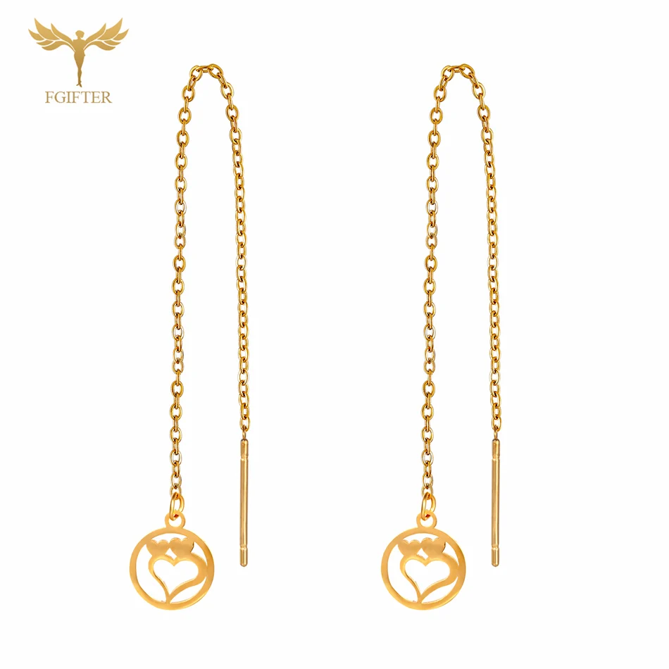 Orecchini pendenti con nappe lunghe da donna catena con infilatore in acciaio inossidabile dorato Love Heart Charms Ear Line moglie ragazze regali per la madre
