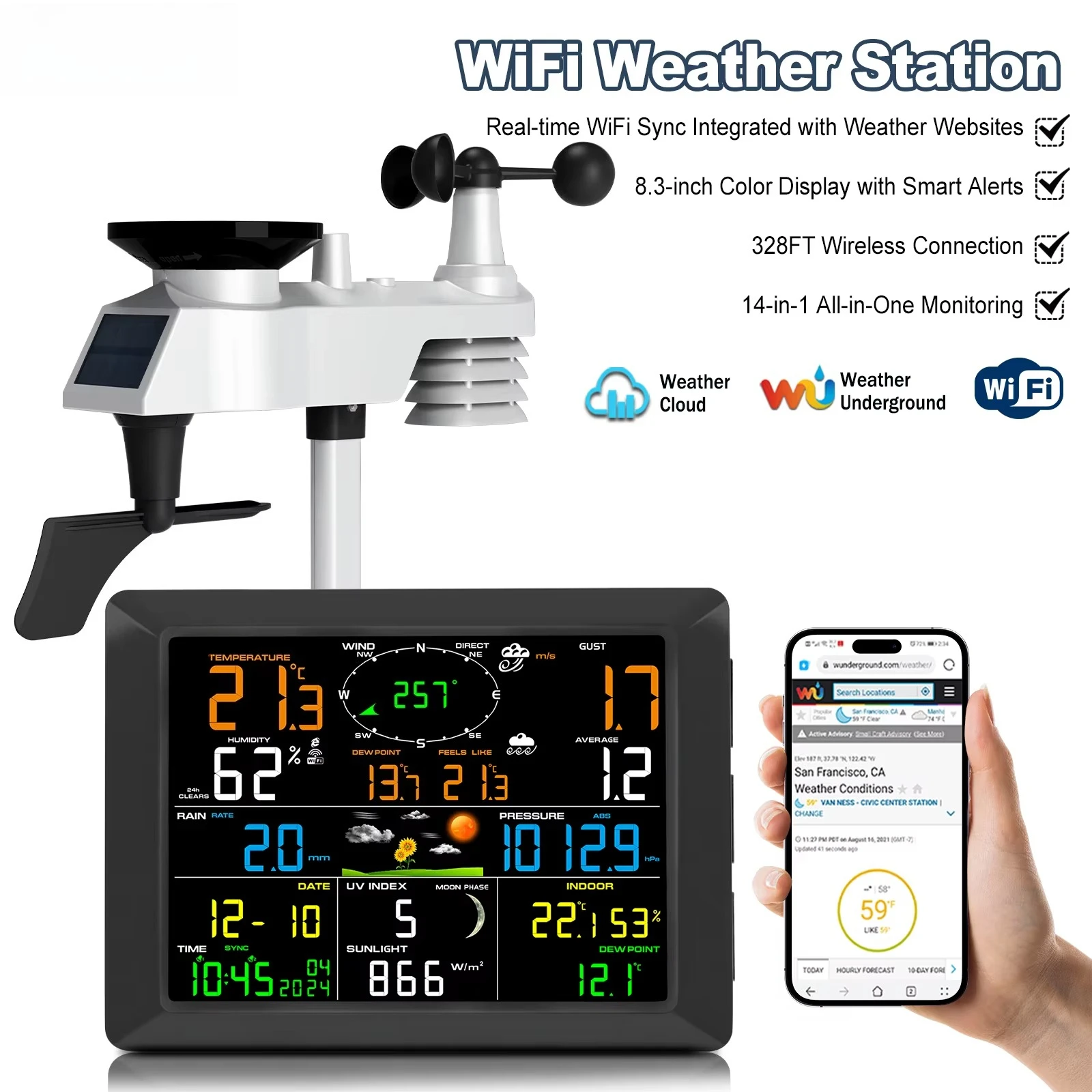 Station météo WiFi 14-en-1 sans fil avec écran couleur, synchronisation en temps réel avec Weather Underground, portée de 100 m, capteur pour maison intelligente