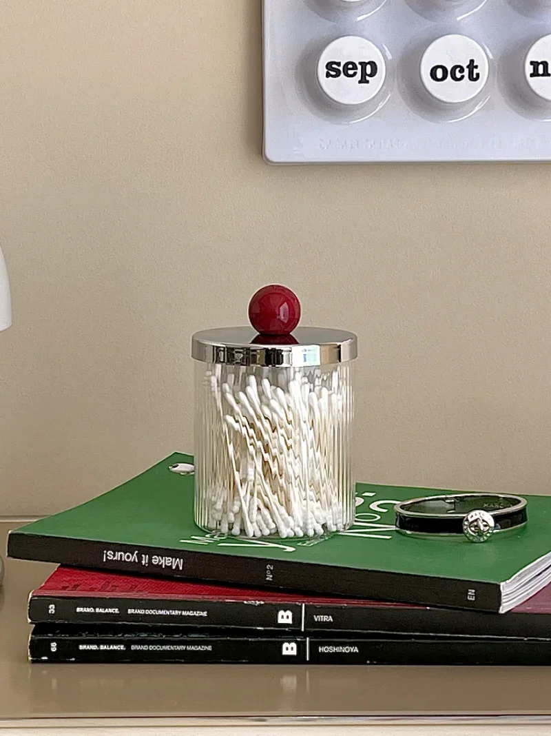 Cotton Swab Tube Glass Storage Box with Cover Striped Transparent Dental Floss Jar Candle Storage Jar Living Room Ornaments