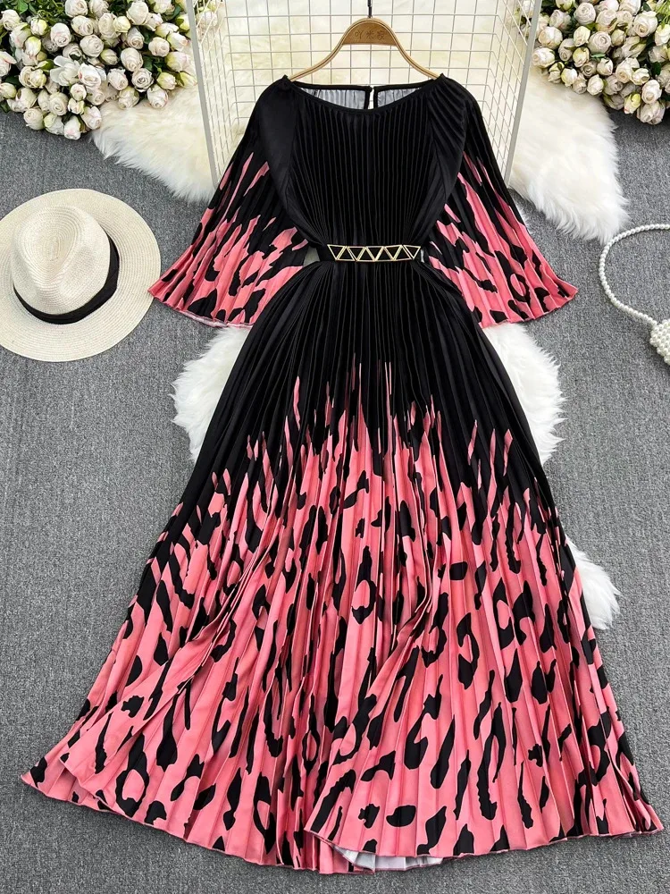 Women's Summer Dress Light Mature Retro Style Ruffled 5/4 Sleeves Round Neck Waist Shrinking Print A-Line Vestidos D3971