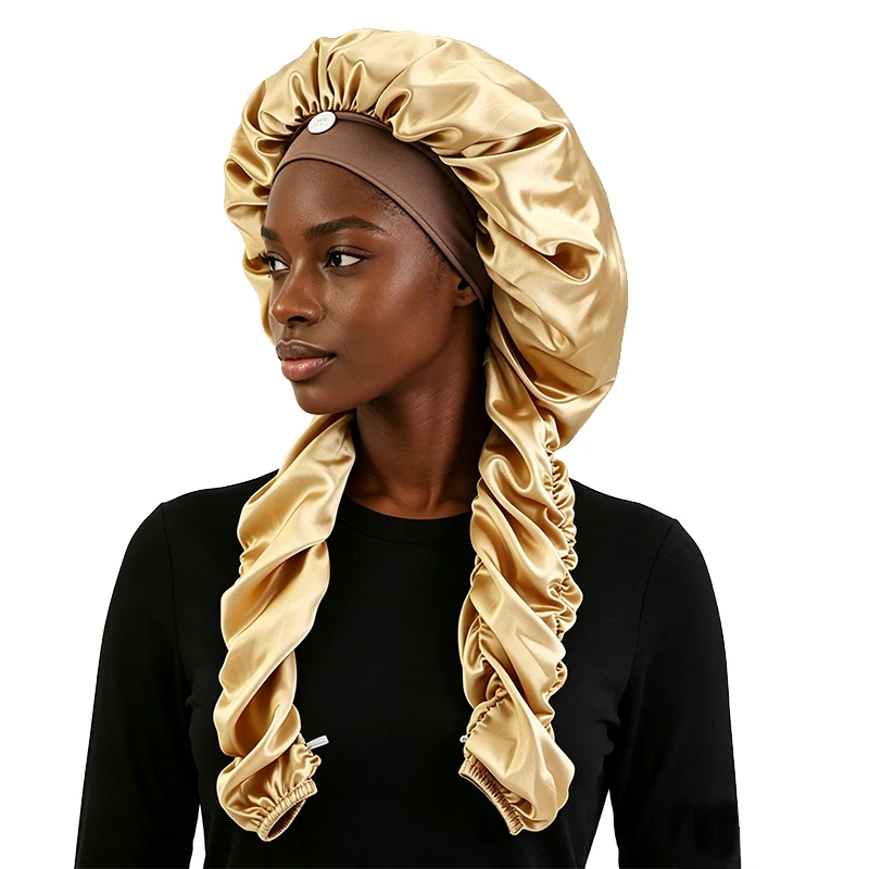 Women Long Tail Satin Headband Bonnet For Braids Wide Elastic Band Silky Sleep Cap Night Hair Bonnet For Long Hair Care