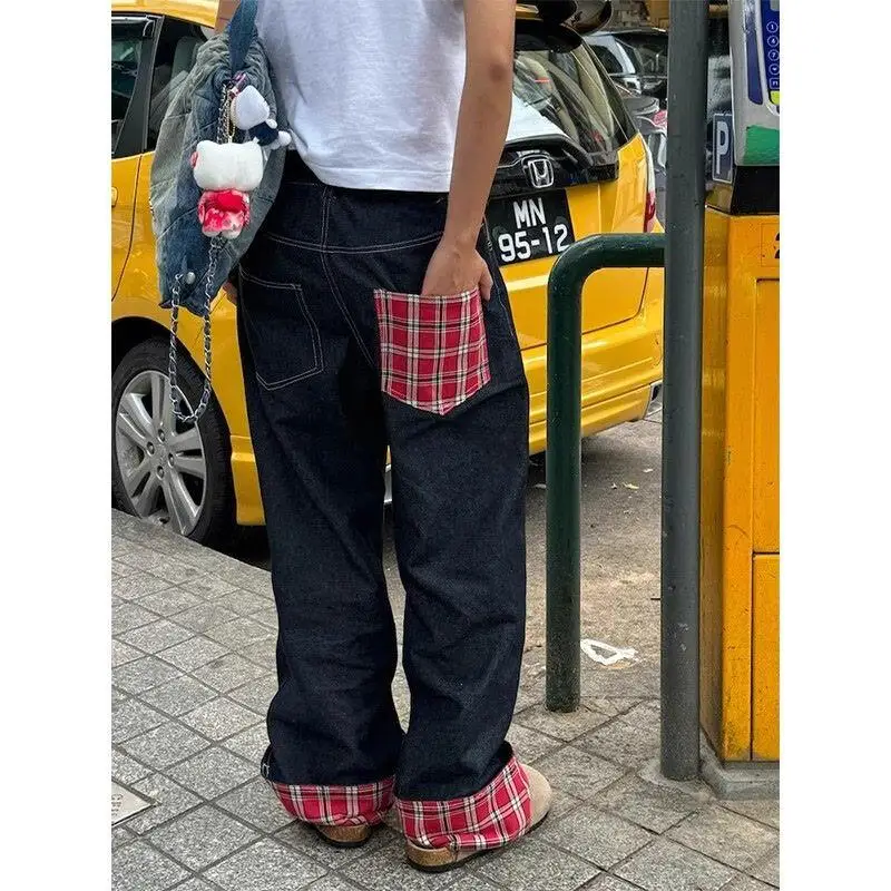 Harajuku Retro Plaid Patchwork Rolled Edge Jeans for Women American Men and Women Loose Wide Leg Straight Pants Couple Trousers