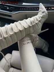 Surkova White Black Canvas Cross Tied Knee High Boots Stiletto Heels Pointed Toe Tall Boots Matte Patchwork Lace-Up Dress Shoes