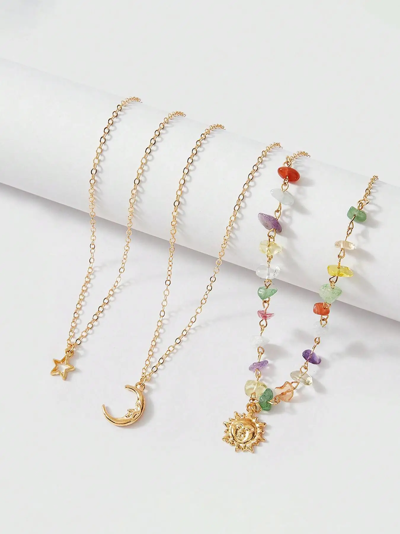 3피스 썬 문 지르콘 레이어드 목걸이 세트 파티, 데이트, 데일리 의류장식, 트렌디한 올매치 & 절묘한 주얼리 선물용