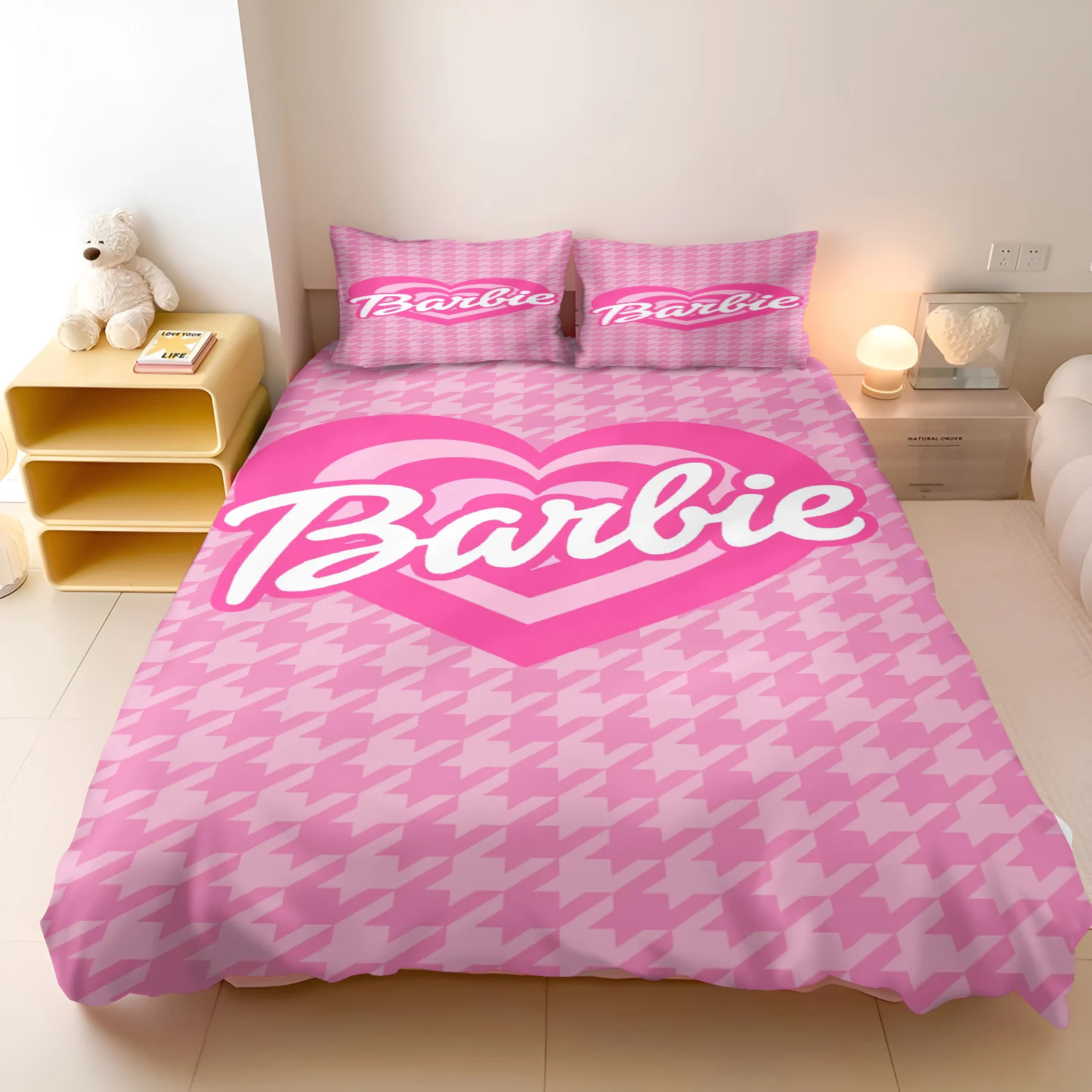 

MINISO-PrintedBarbie Set for Girls, Disney Co-branded Barbie Pink, Modern Duvet Cover, 2 Piece Bedding Set