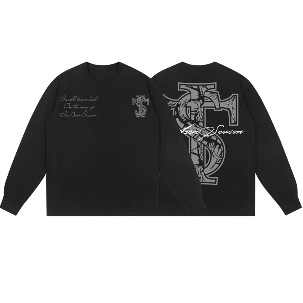 

STKSmallTownKid Thorn Hollow Long Sleeve Round Neck T-shirt Trendy Casual Street Hip Hop Rap Tees