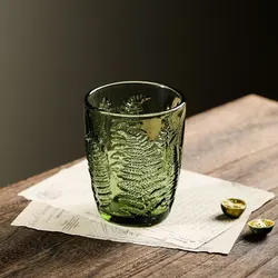 1 Piece 290ml 10oz Vintage Green Leaf Embossed Colored Side Glass Whiskey Water Glass Cup Heavy Thick Glassware Tumbler